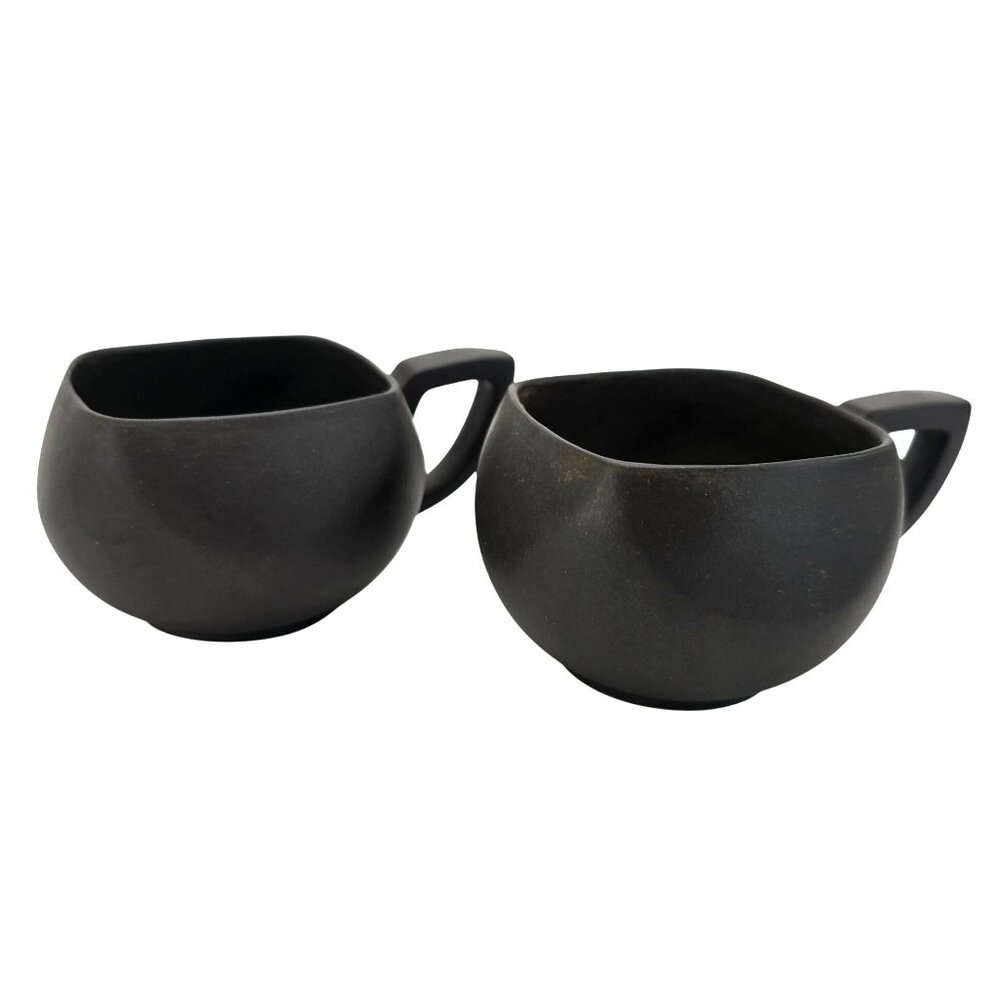 Set Of 2 Japanese Saki Cups Vintage Black Ceramic Square Round CCCI 2000 JE114